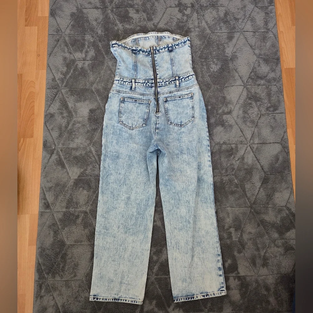 PrettyLittleThing Acid Wash BlueDenim Strapless Jumpsuit Western Boho Glam Y2K 8